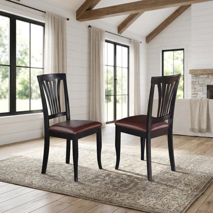 Solid Wood Traditional Dining Chair with Faux Leather Seat, Black, Set of 2