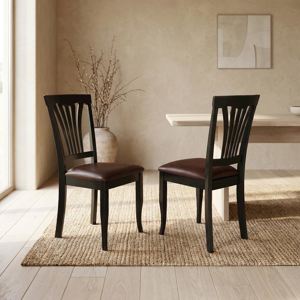 Solid Wood Traditional Dining Chair with Faux Leather Seat, Black, Set of 2