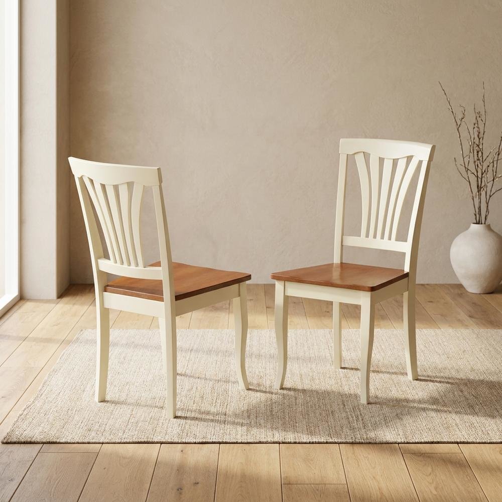 Solid Wood Dining Chairs with Wood Seat, Buttermilk and Cherry, Set of 2