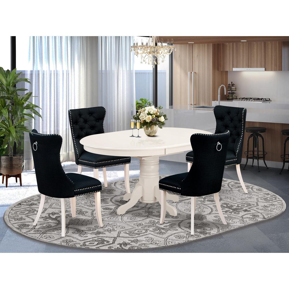 East West Furniture Avon 5 Piece Kitchen Set Consists of an Oval Dining Table with Butterfly Leaf and 4 Upholstered Chairs, 42x60 Inch, Linen White