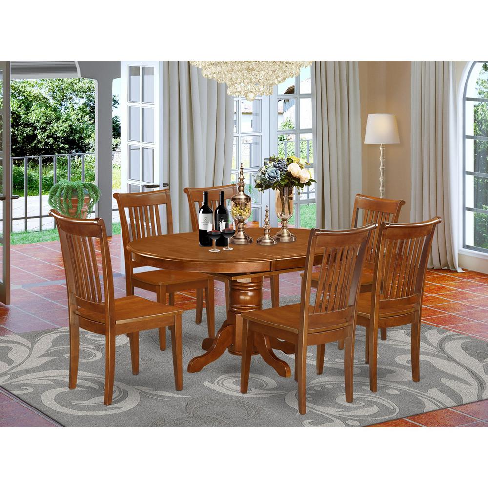 7  Pc  set  Avon  Dinette  Table  with  Leaf  and  6  Wood  Kitchen  Chairs  in  Saddle  Brown