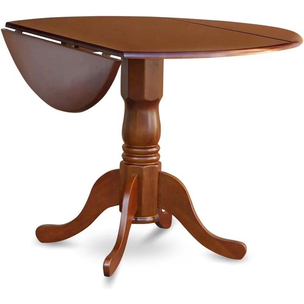 Round Table, Two 9" Drop Leaves, Saddle Brown Finish, Solid Wood, Drop Leaf