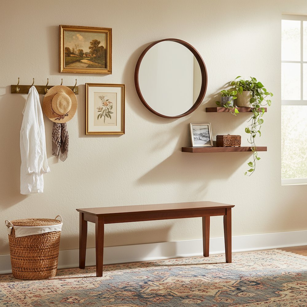 Dining Bench, Rectangular Seating, Mahogany Finish, Modern Four Straight Legs