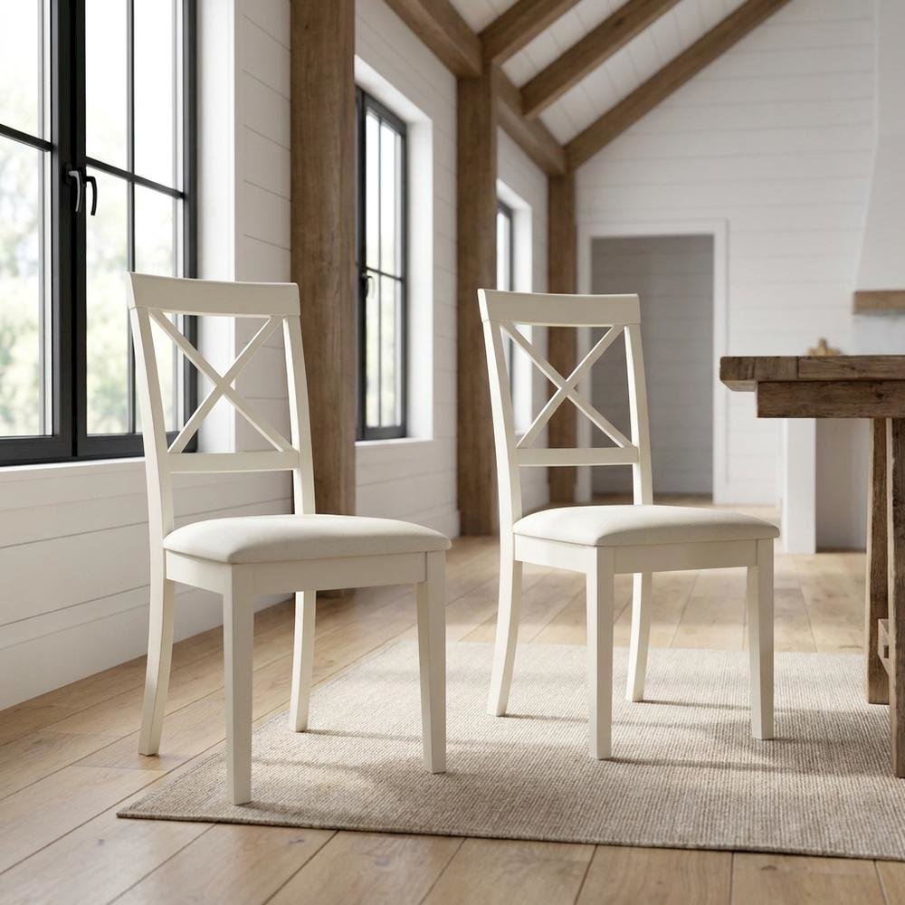 Linen-Upholstered Dining Chair with Solid Wood Legs for Dining Room, Linen White, Set of 2