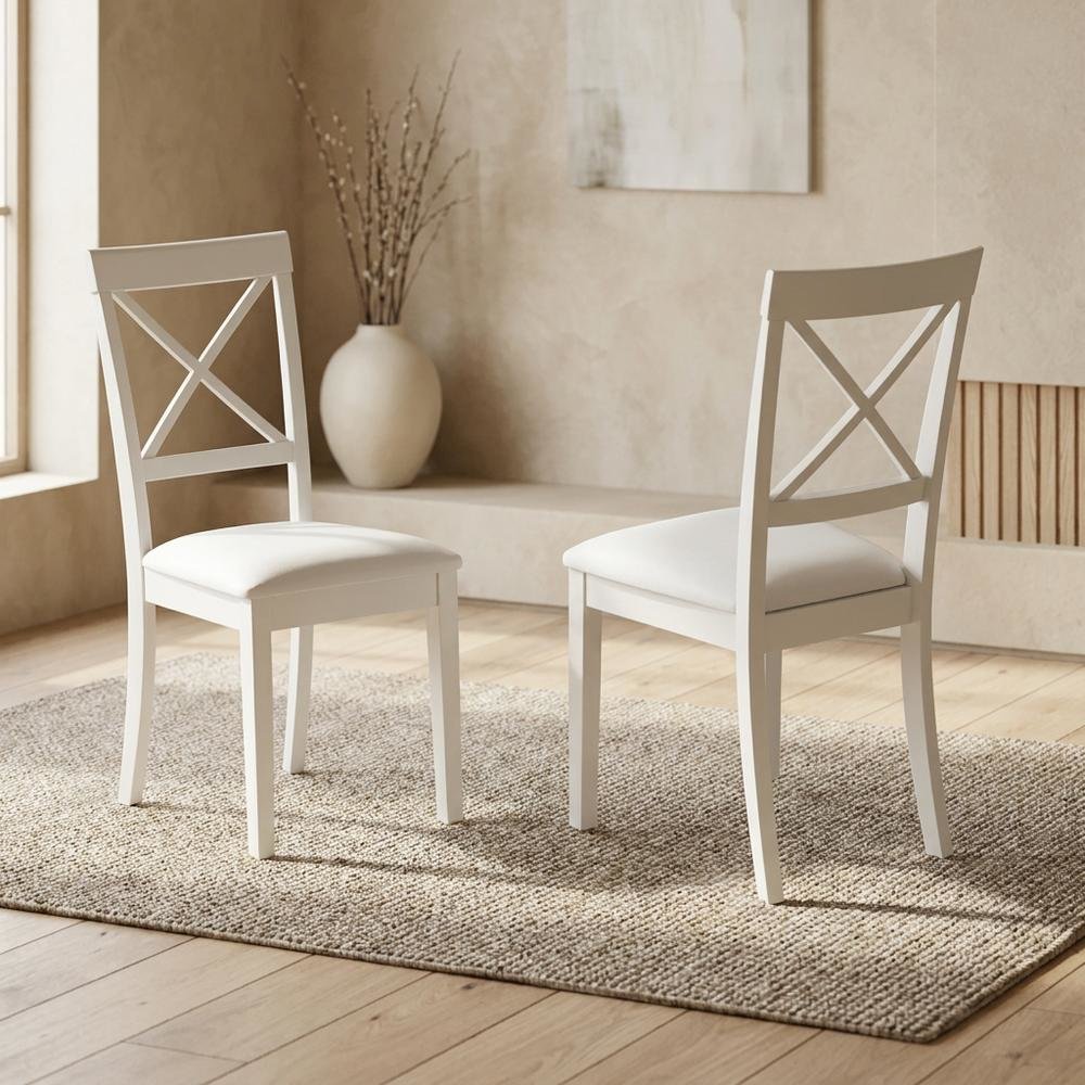 Linen-Upholstered Dining Chair with Solid Wood Legs for Dining Room, Linen White, Set of 2