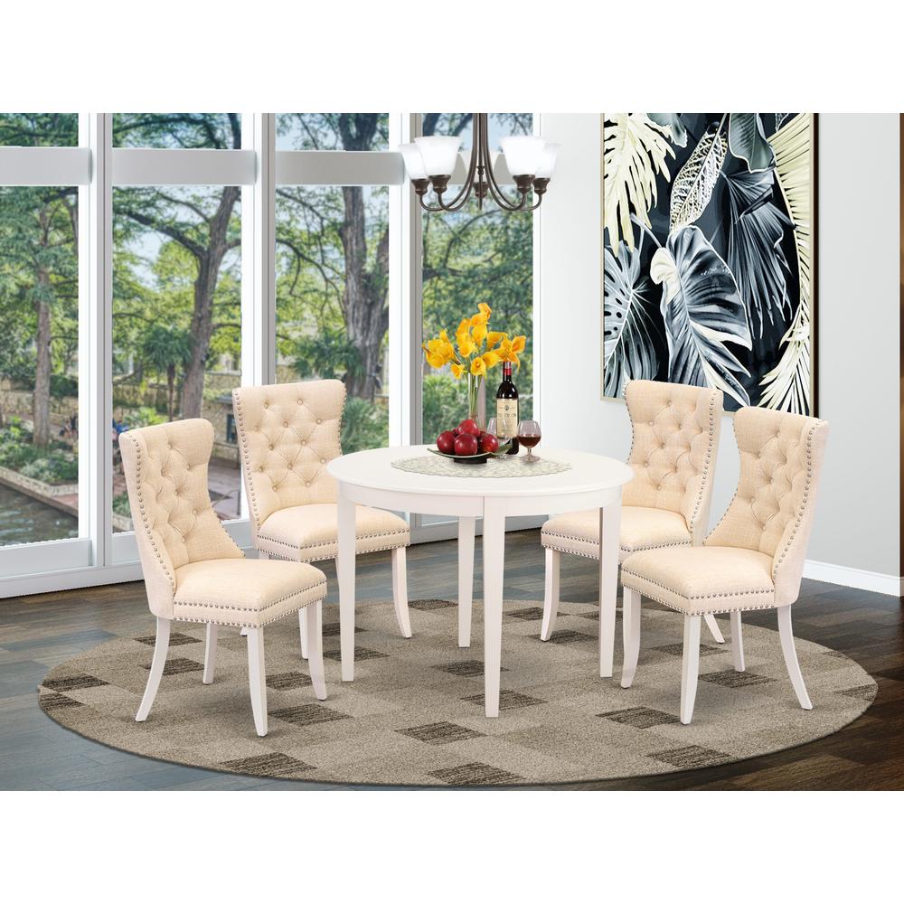 East West Furniture BODA5-WHI-32 5 Piece Kitchen Table Set Contains a Round Dining Table and 4 Upholstered Chairs, Linen White
