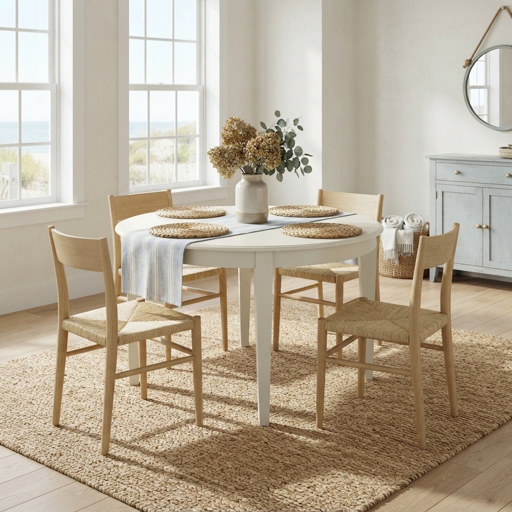 Traditional Wood Round Kitchen and Dining Table with Tapered Legs, Linen White