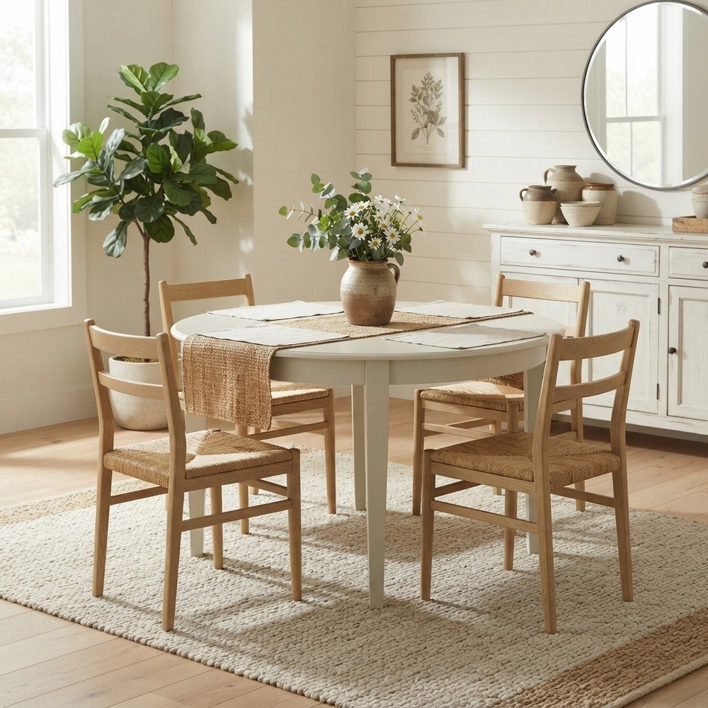 Traditional Wood Round Kitchen and Dining Table with Tapered Legs, Linen White
