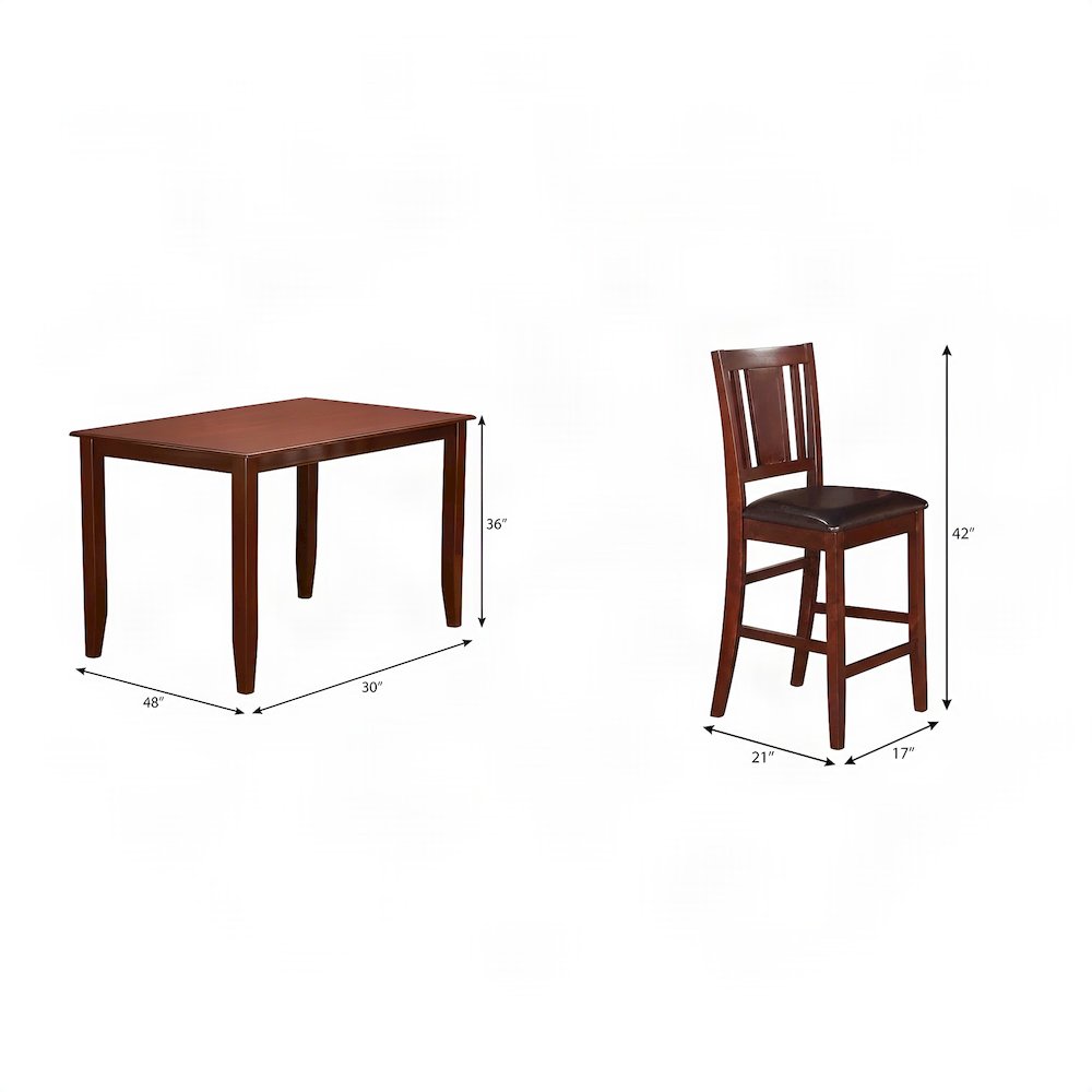Solid Wood Counter Height Dining Table and Chairs 5 Piece Set, Mahogany