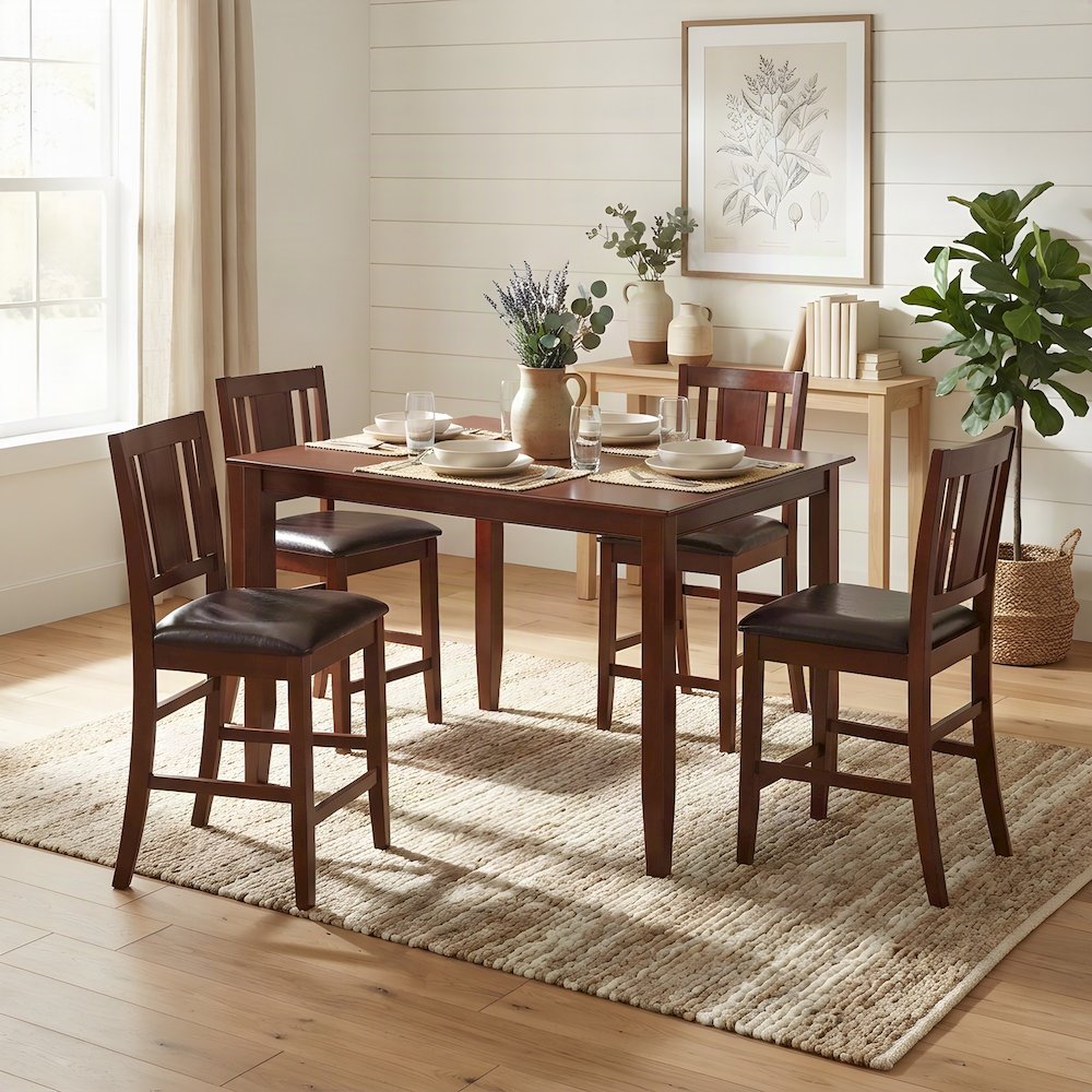 Solid Wood Counter Height Dining Table and Chairs 5 Piece Set, Mahogany