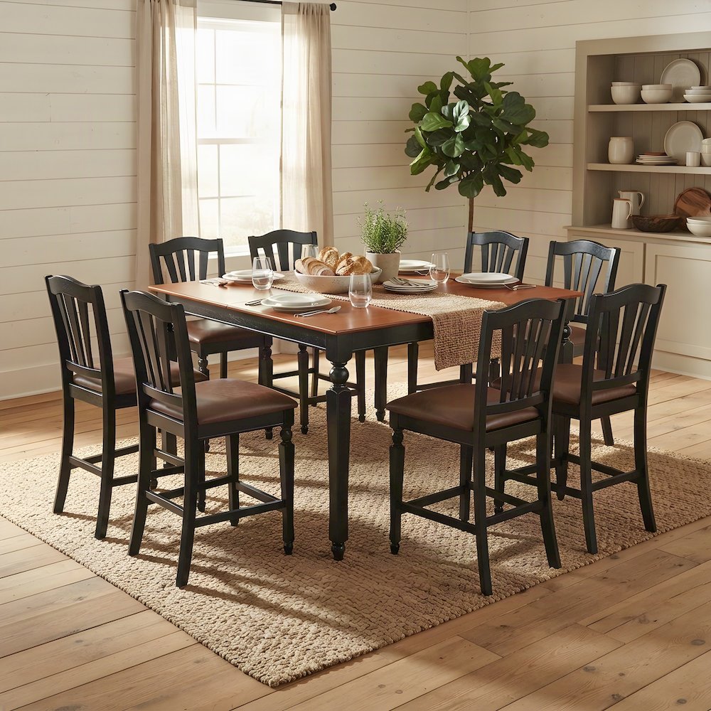 Wood Square Counter Height Dining Table and Chairs 7 Piece Set, Black & Cherry