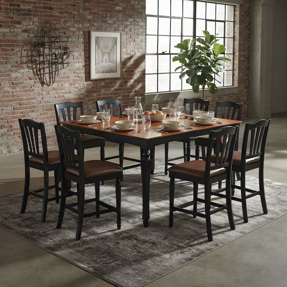 Wood Square Counter Height Dining Table and Chairs 7 Piece Set, Black & Cherry