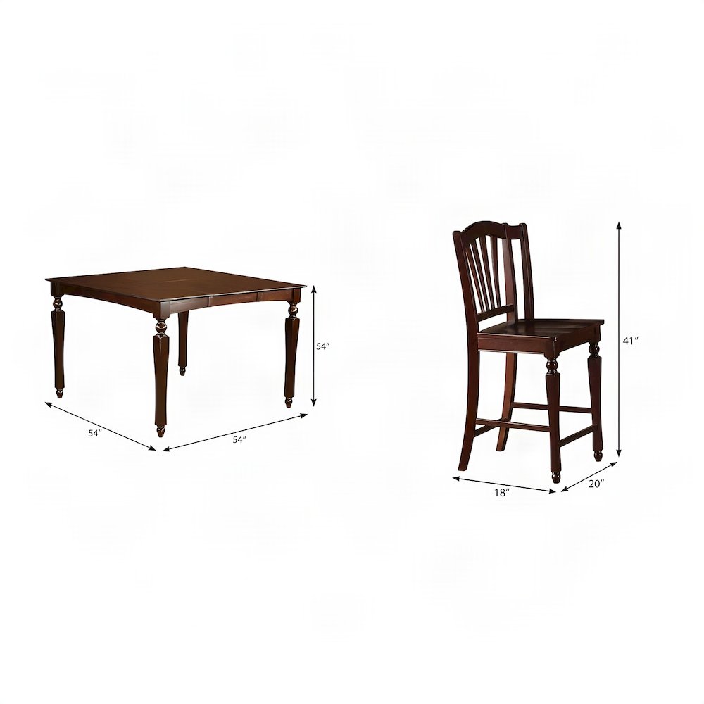 Solid Wood Square Counter Height Dining Table and Chairs 7 Piece Set, Mahogany