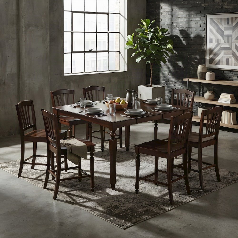 Solid Wood Square Counter Height Dining Table and Chairs 7 Piece Set, Mahogany