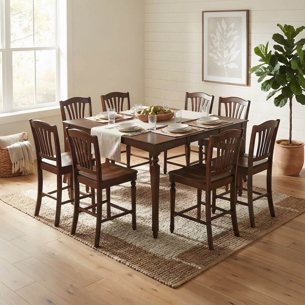 Solid Wood Square Counter Height Dining Table and Chairs 7 Piece Set, Mahogany
