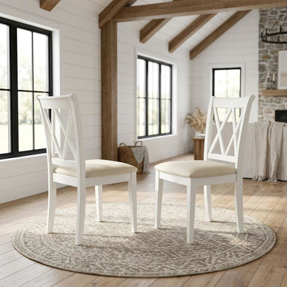 Upholstered Dining Chair with Solid Wood Legs for Dining Room, Linen White, Set of 2