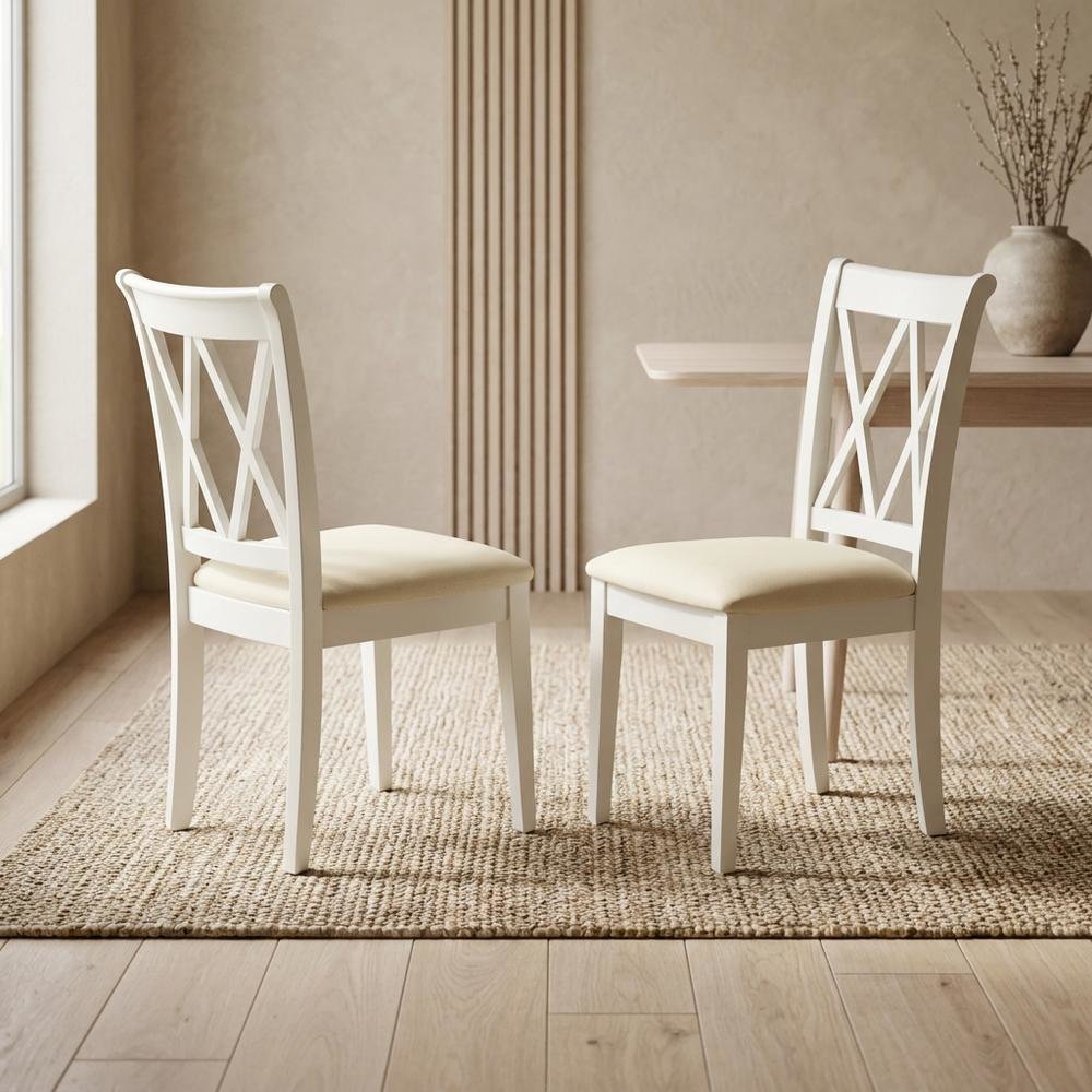 Upholstered Dining Chair with Solid Wood Legs for Dining Room, Linen White, Set of 2