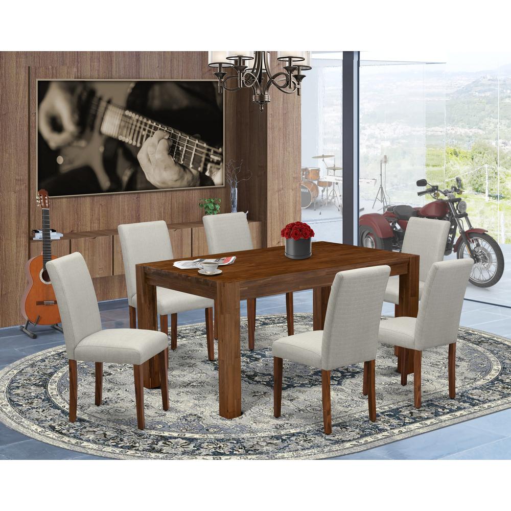 7 Piece Dining Table Set Consist of a Rectangle Rustic Wood Kitchen Table and 6 Grey Linen Fabric Upholstered Parson Chairs, 36x60 Inch, Natural Walnut