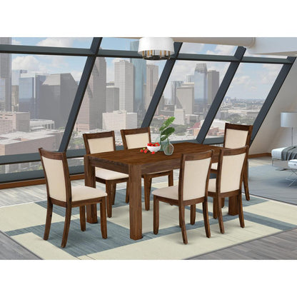 East West Furniture 7-Pcs Dining Set - A Wood Dining Table and 6 Light Beige Linen Fabric Mid Century Chairs with Stylish High Back - (Sand Blasting Antique Walnut Finish)