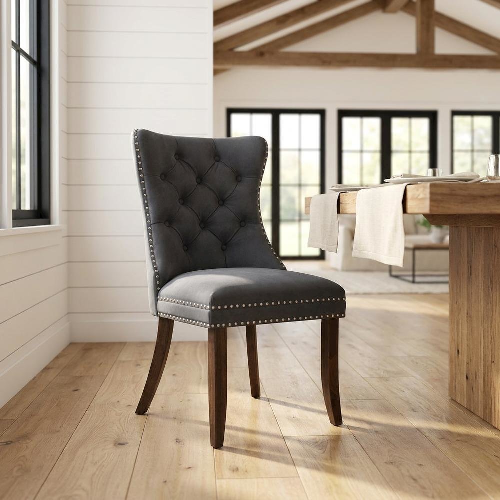 Wooden Parsons Dining Chair, Upholstered Seat, Antique Walnut, Set of 2
