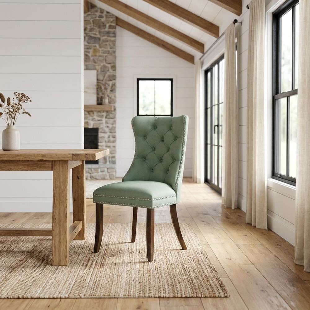 Wood Parsons Dining Chair, Upholstered Kitchen Chair, Willow Green, Set of 2
