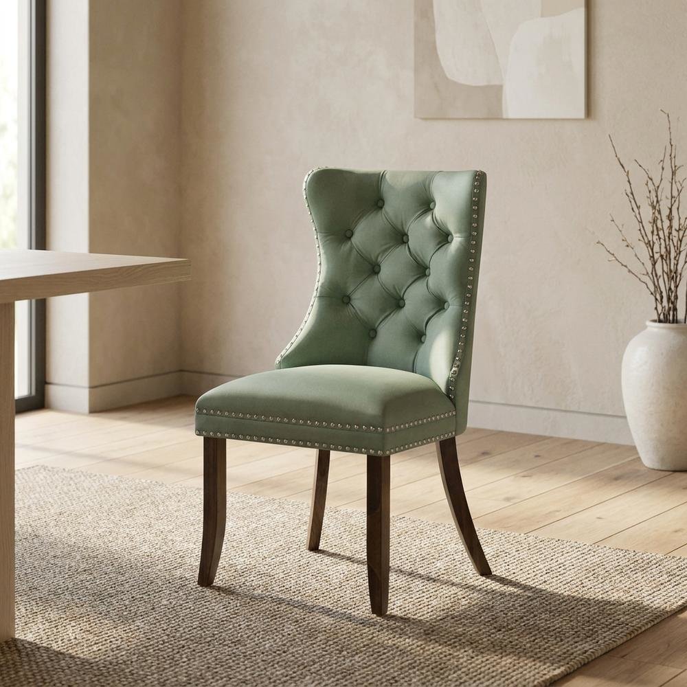 Wood Parsons Dining Chair, Upholstered Kitchen Chair, Willow Green, Set of 2