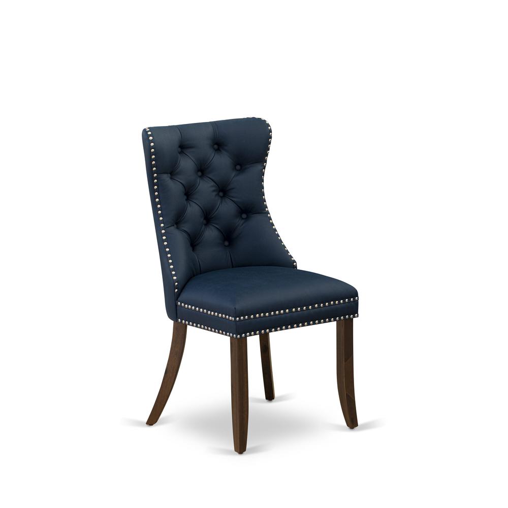 Parson Chairs - Navy Blue faux leather Upholstered, Set of 2, Antique Walnut