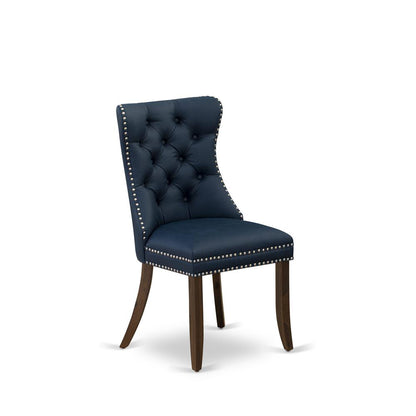 Parson Chairs - Navy Blue faux leather Upholstered, Set of 2, Antique Walnut