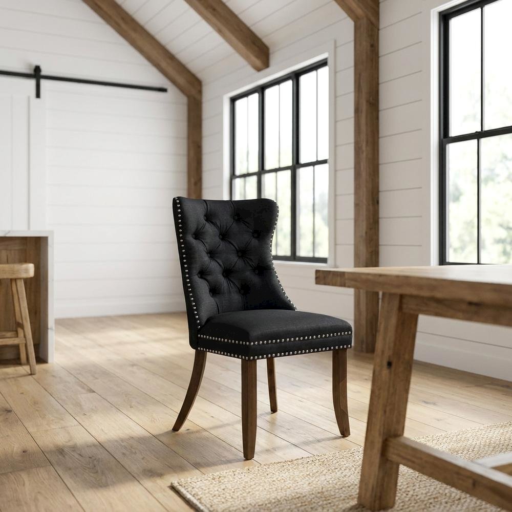 Wood Parsons Dining Chair, Upholstered Kitchen Chair with Walnut Finish, Black, Set of 2
