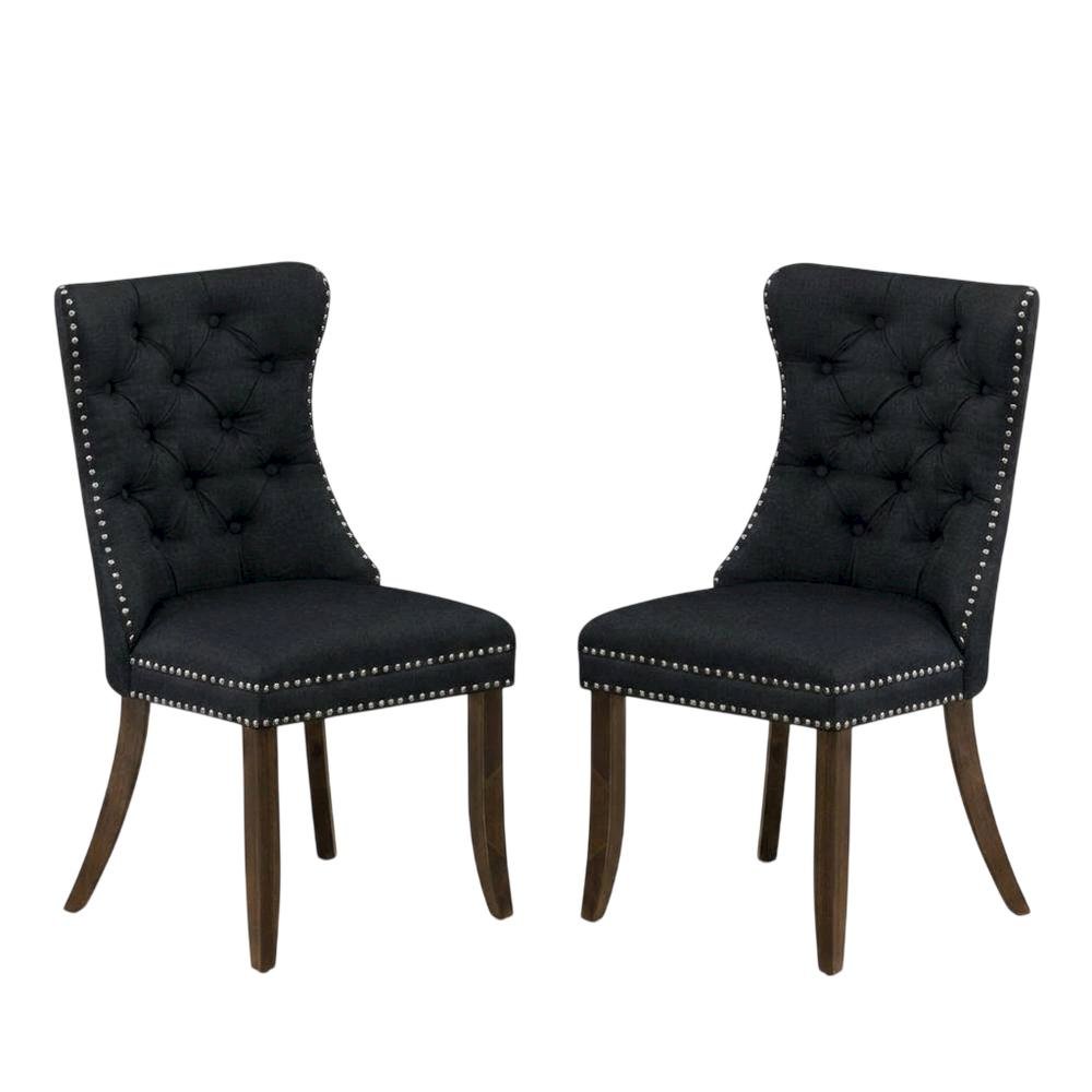Wood Parsons Dining Chair, Upholstered Kitchen Chair with Walnut Finish, Black, Set of 2