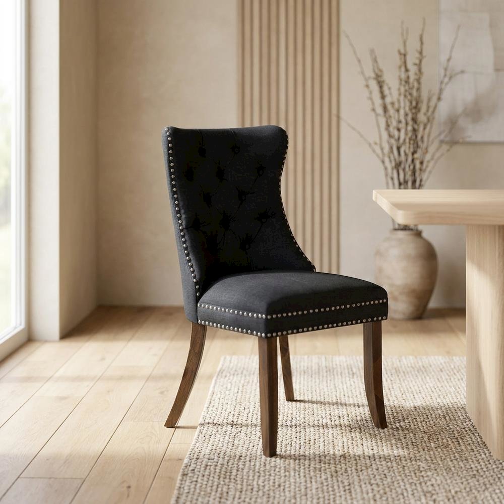 Wood Parsons Dining Chair, Upholstered Kitchen Chair with Walnut Finish, Black, Set of 2