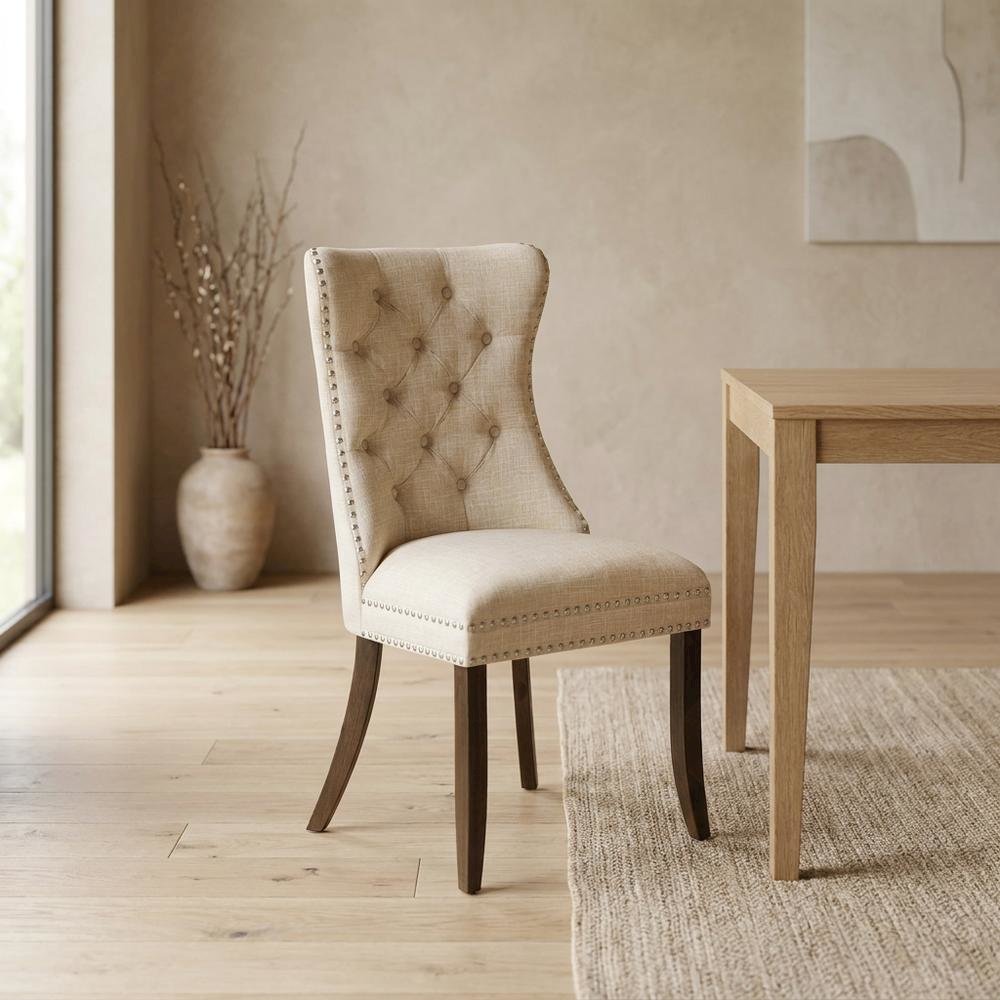 Wooden Parsons Dining Chair with Upholstered Seat, High Back, Light Beige, Set of 2