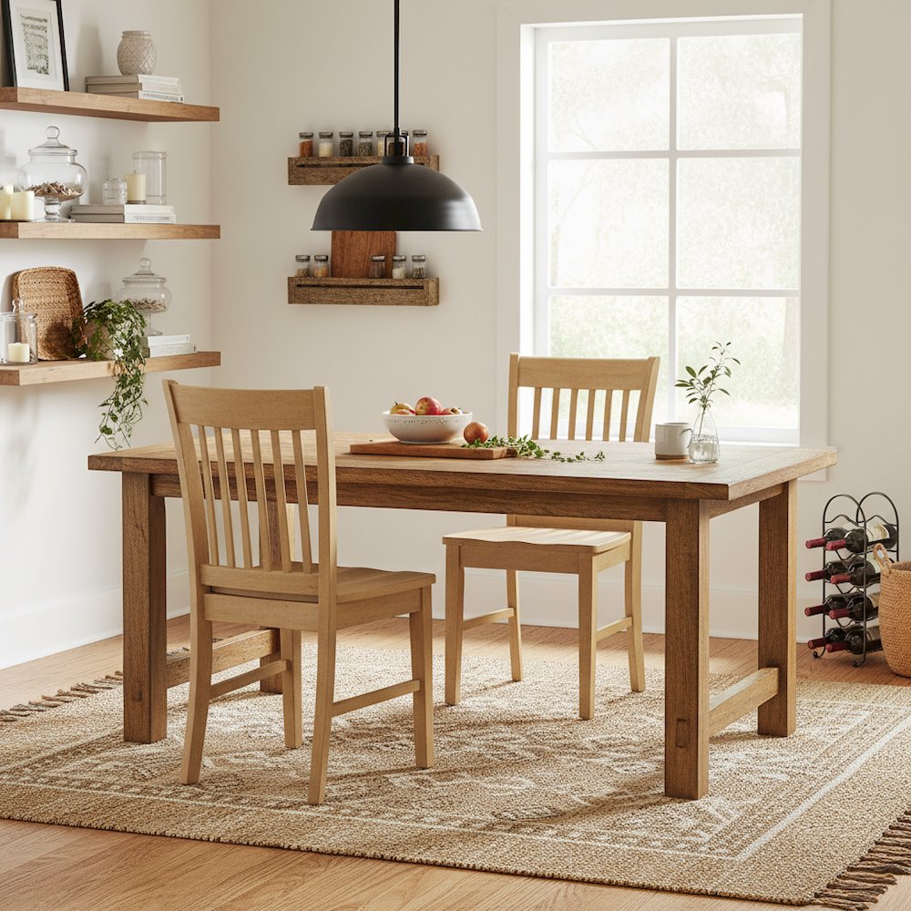Wood Seat Dining Chair Set of 2, Vertical Slatted Back, Oak Finish, Sturdy