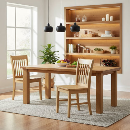 Wood Seat Dining Chair Set of 2, Vertical Slatted Back, Oak Finish, Sturdy