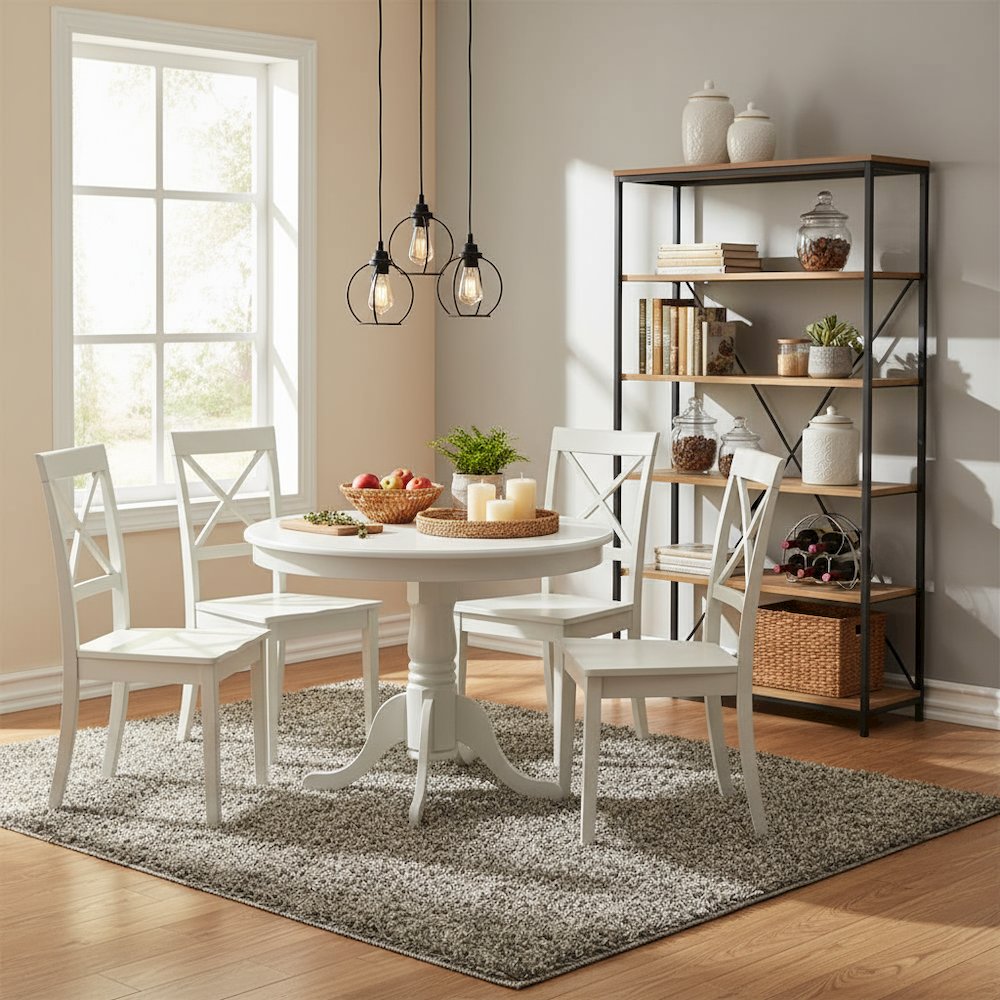 5-Piece Dining Set, Pedestal Table, 4 Wood Chairs, Linen White Finish, Classic