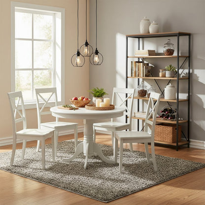 5-Piece Dining Set, Pedestal Table, 4 Wood Chairs, Linen White Finish, Classic