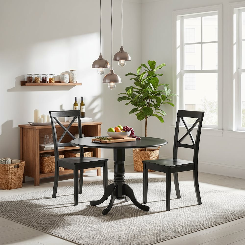 3-Piece Dining Set, Round Table, Drop Leaf, 2 Wood Chairs, Black Finish