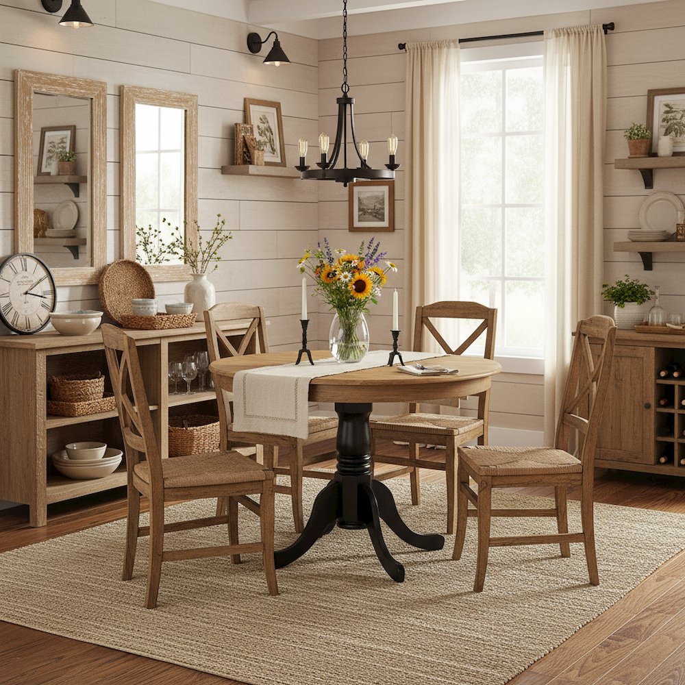 Round Dining Table, Natural & Black Finish, Solid Wood, Pedestal Base, 36-Inch