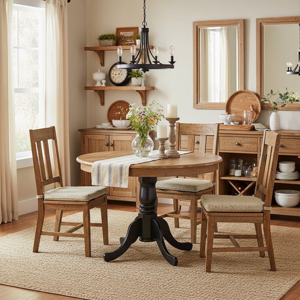 Round Dining Table, Natural & Black Finish, Solid Wood, Pedestal Base, 36-Inch