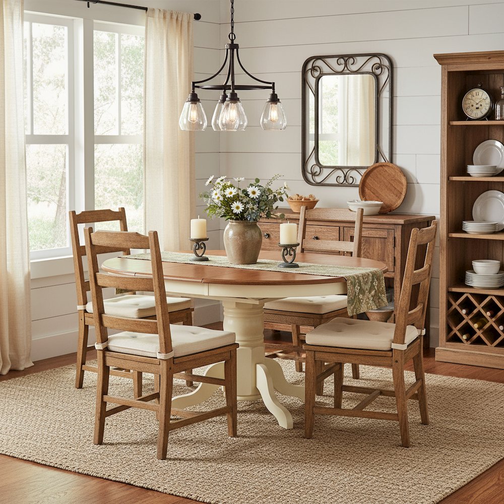 Oval Dining Table, 18in Leaf, Buttermilk & Cherry Finish, Pedestal Base