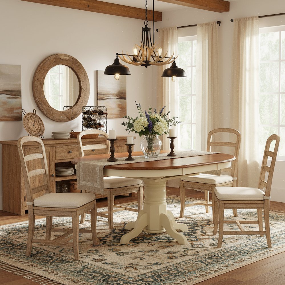 Oval Dining Table, 18in Leaf, Buttermilk & Cherry Finish, Pedestal Base