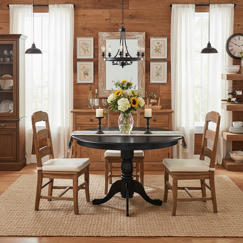 Round Table, Two 9" Drop Leaves, Black Finish, Solid Wood, Space Saving