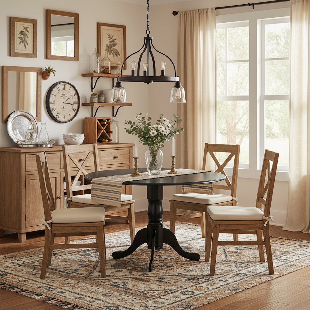 Round Table, Two 9" Drop Leaves, Black Finish, Solid Wood, Space Saving