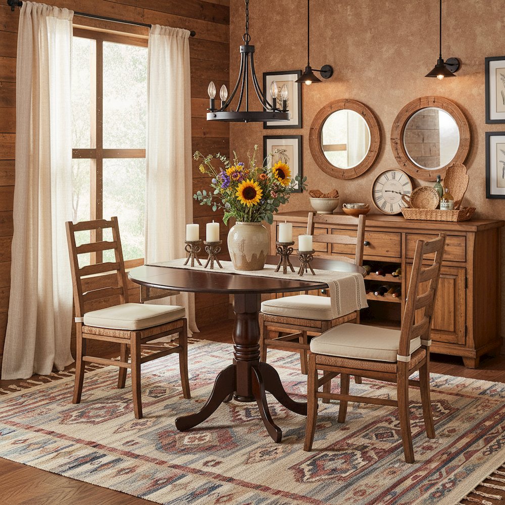 Round Table, Two 9" Drop Leaves, Mahogany Finish, Solid Wood, Compact Size