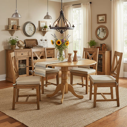 Round Table, Two 9" Drop Leaves, Oak Finish, Solid Wood, Space Efficient