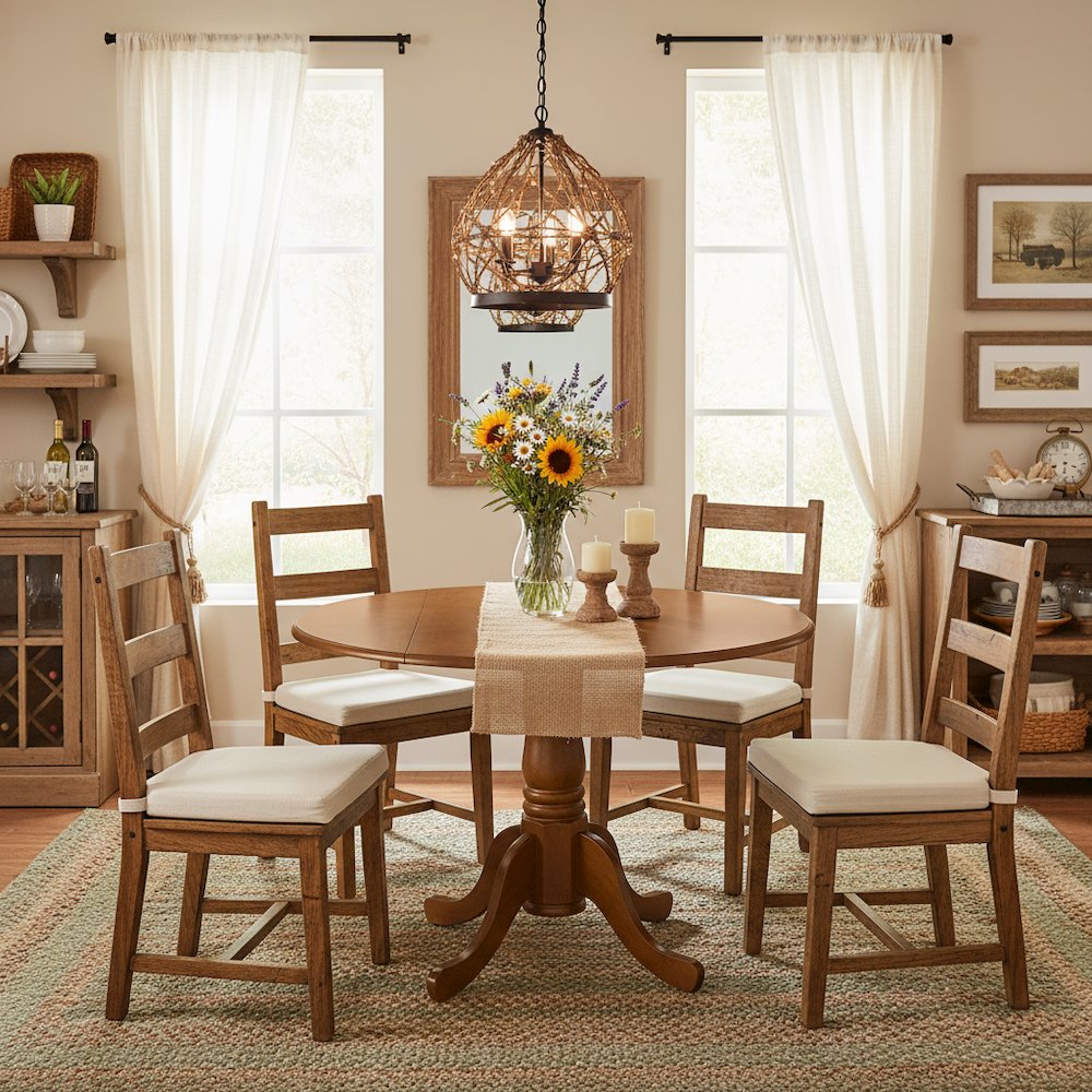 Round Table, Two 9" Drop Leaves, Saddle Brown Finish, Solid Wood, Drop Leaf