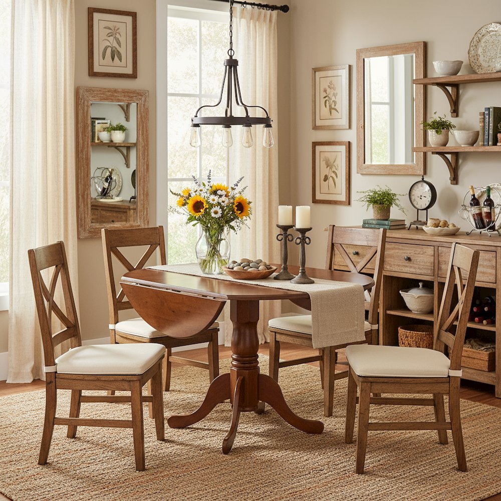 Round Table, Two 9" Drop Leaves, Saddle Brown Finish, Solid Wood, Drop Leaf