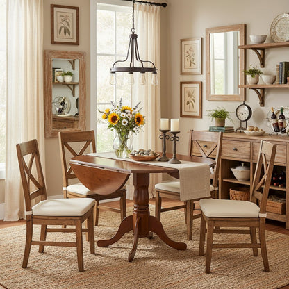 Round Table, Two 9" Drop Leaves, Saddle Brown Finish, Solid Wood, Drop Leaf