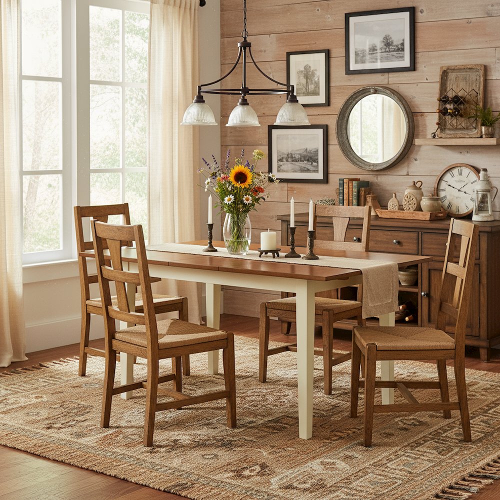 Rectangular Wood Dining Table, Buttermilk Cherry Finish, Expansion Leaf