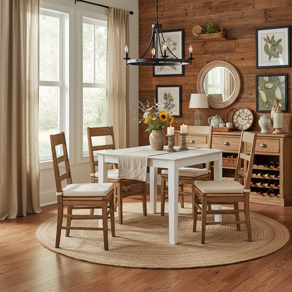 Square Dining Table, Linen White Finish, Solid Wood, Farmhouse Style